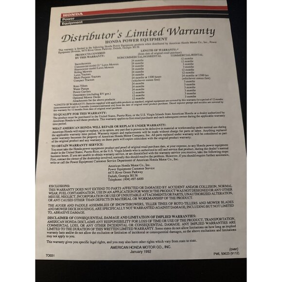 Honda HR215SXA, 215HXA, 215HMA Rotary Mower Owners Manual Warranty - Picture 10 of 10